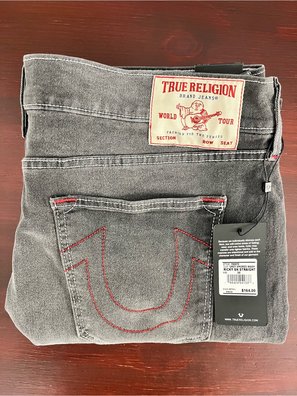 True Religion Ricky Relaxed SN Straight Jeans Men’s Size 36x34 Grey Red $164
